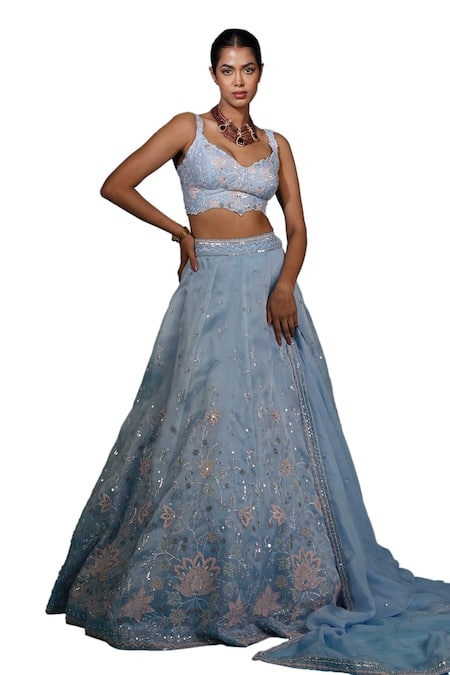 Buy Vaishali Agarwal Blue Silk, Organza Sequins, Cut Work, Embroidery Sweetheart Floral Lehenga Set Online at Aza Fashions Buy_Vaishali Agarwal_Blue Silk, Organza Sequins, Cut Work, Embroidery Sweetheart Floral Lehenga Set _Online_at_Aza_Fashions