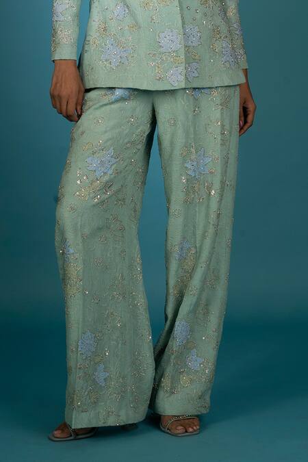 Vaishali Agarwal_Blue Organza Embroidery, Sequins Floral Blazer With Pant _Online_at_Aza_Fashions
