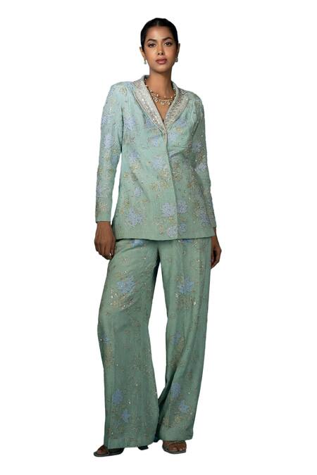Buy_Vaishali Agarwal_Blue Organza Embroidery, Sequins Floral Blazer With Pant _Online_at_Aza_Fashions