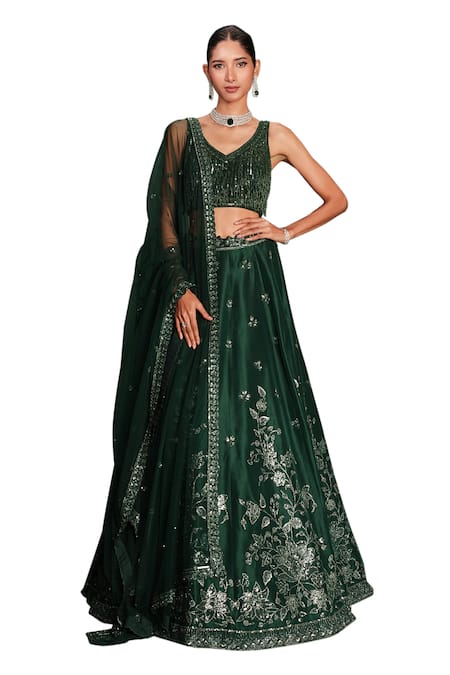 Buy Vaishali Agarwal Green Silk, Organza Sequins, Cut Work, Beads Flower Embroidered Lehenga Set Online at Aza Fashions Buy_Vaishali Agarwal_Green Silk, Organza Sequins, Cut Work, Beads Flower Embroidered Lehenga Set _Online_at_Aza_Fashions