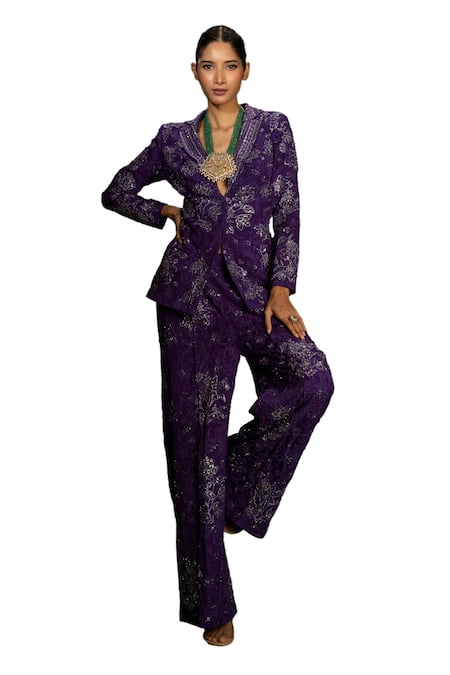 Buy_Vaishali Agarwal_Purple Organza Sequins, Beads Floral Bloom Embroidered Blazer With Pant _Online_at_Aza_Fashions