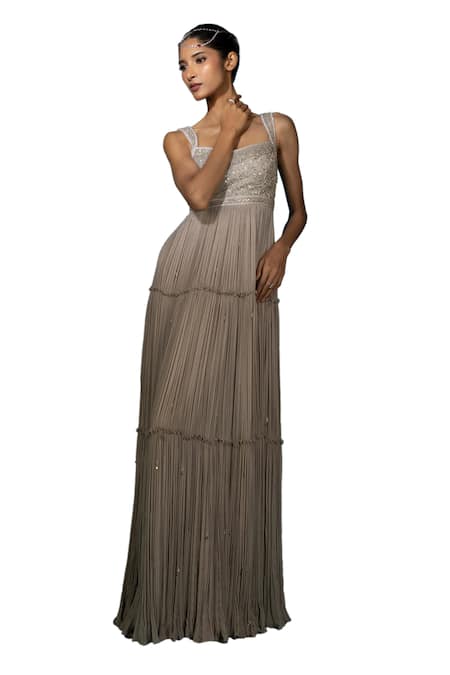 Vaishali Agarwal Grey Georgette, Tissue Embroidery, Sequins, Beads Square Floral Bodice Gown Online at Aza Fashions Vaishali Agarwal_Grey Georgette, Tissue Embroidery, Sequins, Beads Square Floral Bodice Gown _Online_at_Aza_Fashions