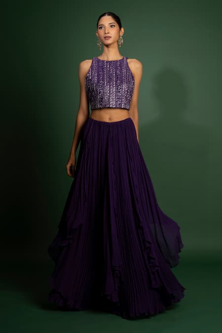 Vaishali Agarwal Purple Crop Top Semi Raw Silk Embroidery Sequins Halter Neck With Skirt 