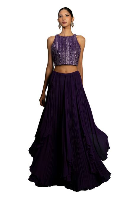Buy_Vaishali Agarwal_Purple Silk, Viscose Sequins, Cut Work, Beads, Embroidered Crop Top With Skirt _Online_at_Aza_Fashions