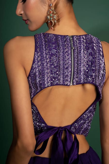 Shop_Vaishali Agarwal_Purple Silk, Viscose Sequins, Cut Work, Beads, Embroidered Crop Top With Skirt _Online_at_Aza_Fashions