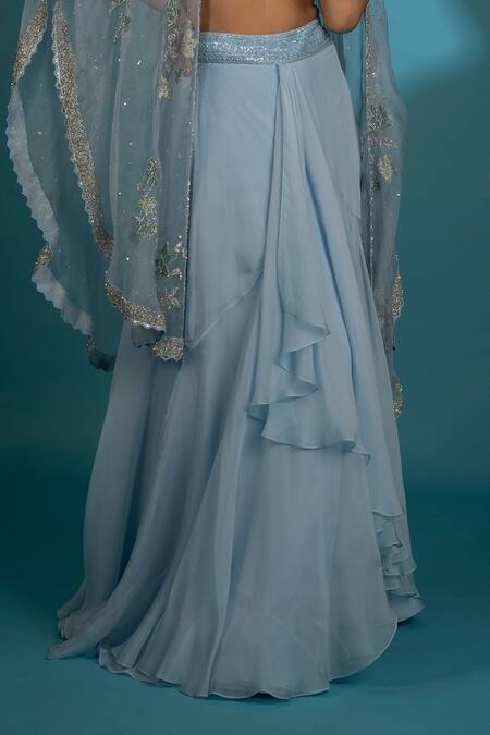 Vaishali Agarwal_Blue Organza Embroidery, Sequins Scoop Neck Draped Skirt And Cape Set _Online_at_Aza_Fashions