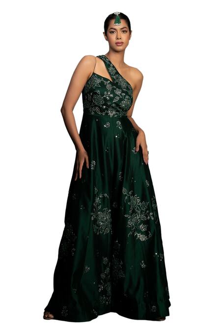 Vaishali Agarwal Green Chiffon Sequins, Beads Asymmetric Floral Embroidered Jumpsuit Online at Aza Fashions Vaishali Agarwal_Green Chiffon Sequins, Beads Asymmetric Floral Embroidered Jumpsuit _Online_at_Aza_Fashions