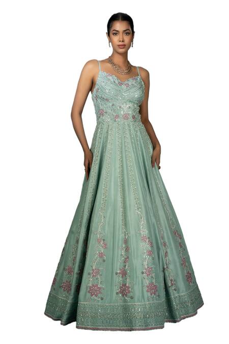 Buy_Vaishali Agarwal_Green Silk, Net Sequins Sweetheart Neck Embroidered Cape Jacket With Gown _Online_at_Aza_Fashions