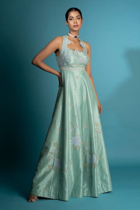 Vaishali Agarwal Green Dupion Silk Embroidery Sequins Cutwork Square Neck Floral Jumpsuit 