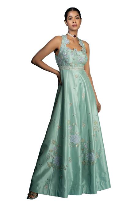 Vaishali Agarwal_Green Silk Sequins, Beads Square Neck Floral Embroidered Jumpsuit _Online_at_Aza_Fashions