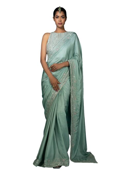 Vaishali Agarwal_Green Silk, Twill Sequins, Cut Work, Embroidery Round Border Saree With Blouse _Online_at_Aza_Fashions