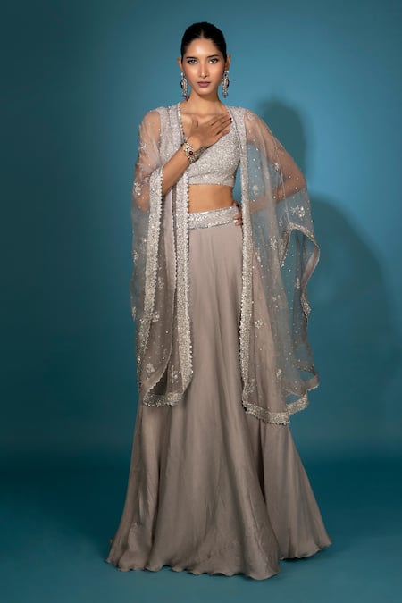 Vaishali Agarwal Grey Skirt Crushed Satin Embroidery Sequins Scoop Neck Floral Cape Set 