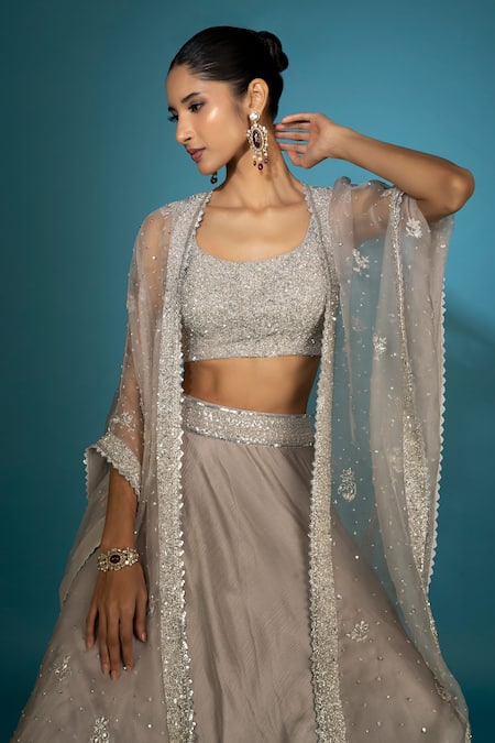 Vaishali Agarwal Grey Organza, Satin Sequins, Embroidery Scoop Neck Floral Cape Skirt Set Online at Aza Fashions Vaishali Agarwal_Grey Organza, Satin Sequins, Embroidery Scoop Neck Floral Cape Skirt Set _Online_at_Aza_Fashions