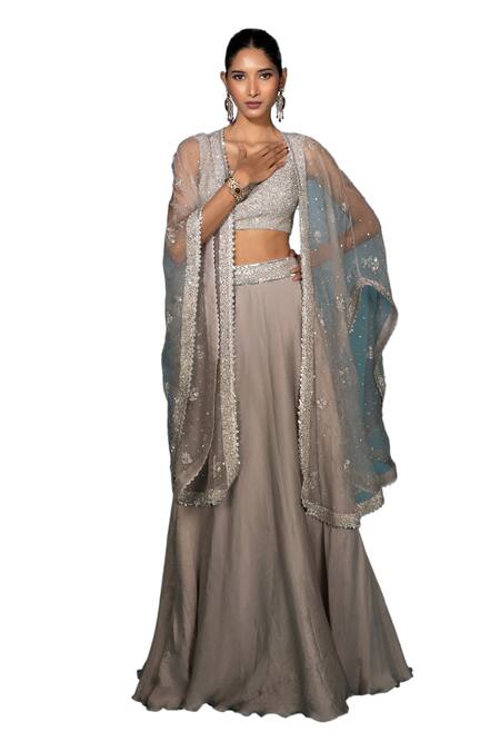 Shop Vaishali Agarwal Grey Organza, Satin Sequins, Embroidery Scoop Neck Floral Cape Skirt Set Online at Aza Fashions Shop_Vaishali Agarwal_Grey Organza, Satin Sequins, Embroidery Scoop Neck Floral Cape Skirt Set _Online_at_Aza_Fashions