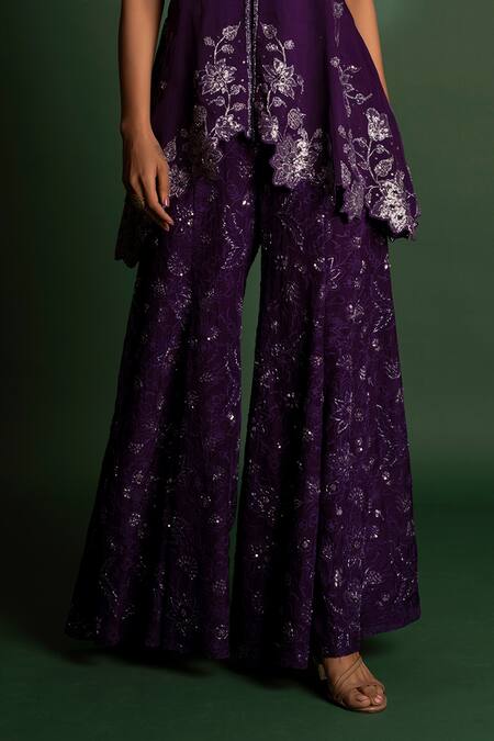 Vaishali Agarwal_Purple Organza Sequins, Beads V-neck Floral Embroidered Tunic With Sharara _Online_at_Aza_Fashions