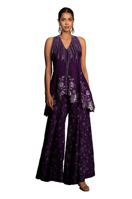 Buy_Vaishali Agarwal_Purple Organza Sequins, Beads V-neck Floral Embroidered Tunic With Sharara _Online_at_Aza_Fashions