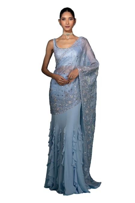 Buy Vaishali Agarwal Blue Georgette, Organza Sequins, Floral Embroidered Pre-draped Saree With Blouse Online at Aza Fashions Buy_Vaishali Agarwal_Blue Georgette, Organza Sequins, Floral Embroidered Pre-draped Saree With Blouse _Online_at_Aza_Fashions
