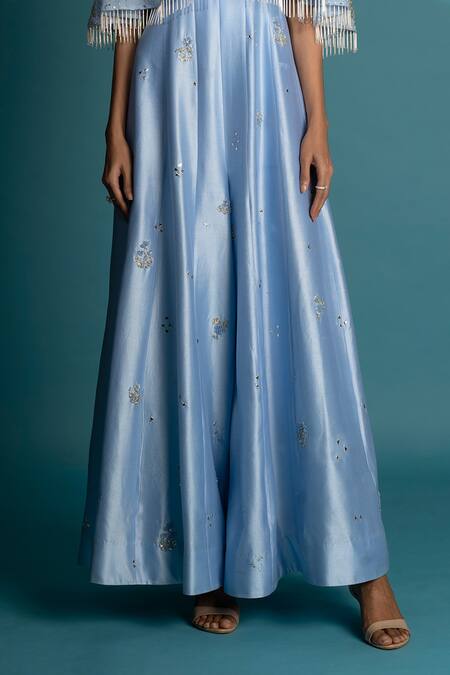 Vaishali Agarwal_Blue Organza, Chanderi Silk Cut Work, Floral Embroidered Cape With Jumpsuit _Online_at_Aza_Fashions