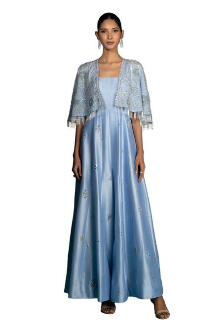 Buy_Vaishali Agarwal_Blue Organza, Chanderi Silk Cut Work, Floral Embroidered Cape With Jumpsuit _Online_at_Aza_Fashions