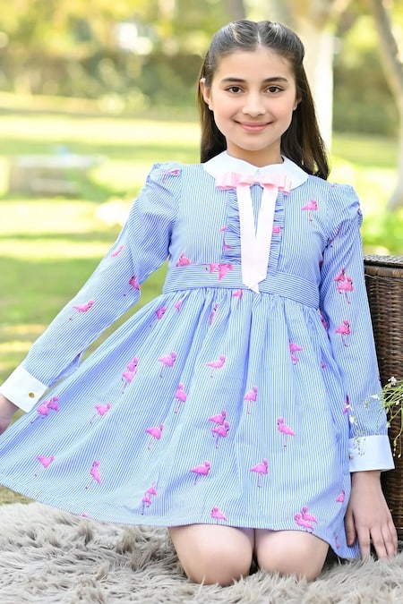 Shop The Pony & Peony Co. Blue Cotton Embroidery Striped Flamingo Print Dress at Aza Fashions Shop_The Pony & Peony Co._Blue Cotton Embroidery Striped Flamingo Print Dress _at_Aza_Fashions