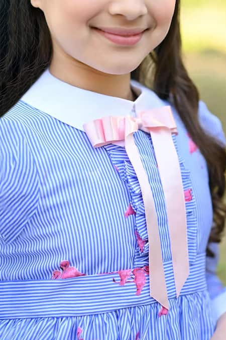 The Pony & Peony Co. Blue Cotton Embroidery Striped Flamingo Print Dress Online at Aza Fashions The Pony & Peony Co._Blue Cotton Embroidery Striped Flamingo Print Dress _Online_at_Aza_Fashions