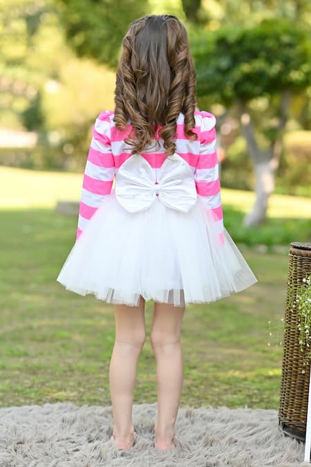 Shop_The Pony & Peony Co._Pink Cotton, Net, Linen Candy Striped Print Bodice Tulle Dress _at_Aza_Fashions
