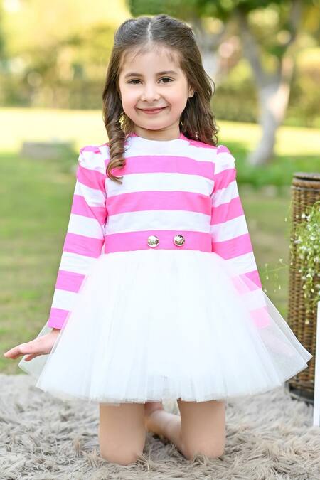The Pony & Peony Co._Pink Cotton, Net, Linen Candy Striped Print Bodice Tulle Dress _Online_at_Aza_Fashions