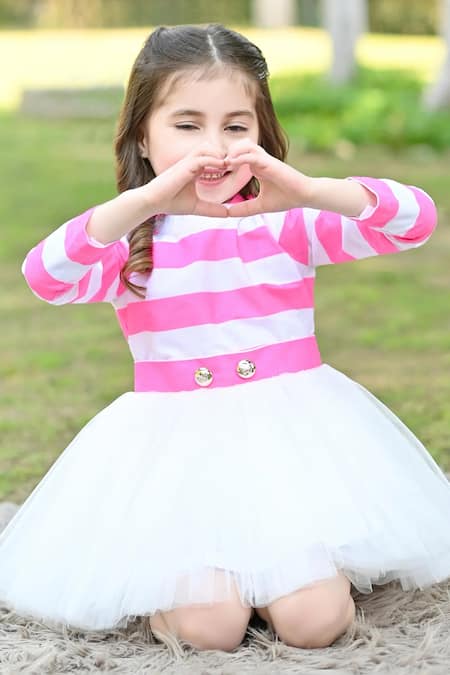 Buy_The Pony & Peony Co._Pink Cotton, Net, Linen Candy Striped Print Bodice Tulle Dress _Online_at_Aza_Fashions