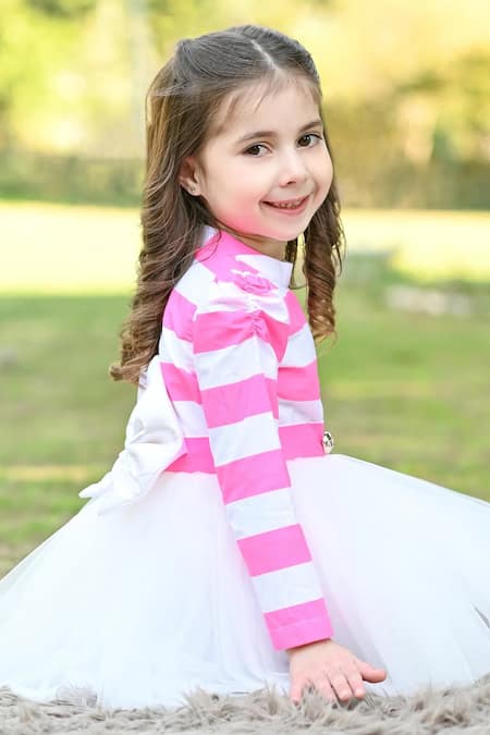 Shop_The Pony & Peony Co._Pink Cotton, Net, Linen Candy Striped Print Bodice Tulle Dress _Online_at_Aza_Fashions