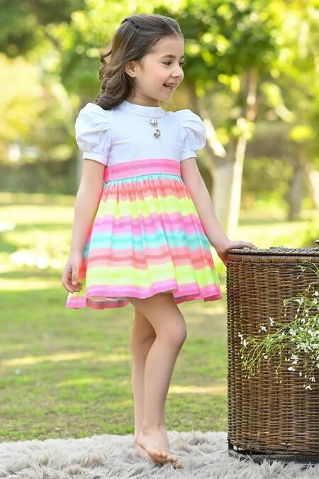 Shop The Pony & Peony Co. Multi Color Cotton, Lycra, Polyester Rainbow Striped Print Dress at Aza Fashions Shop_The Pony & Peony Co._Multi Color Cotton, Lycra, Polyester Rainbow Striped Print Dress_at_Aza_Fashions