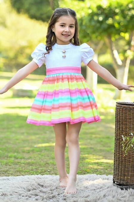 The Pony & Peony Co. Multi Color Cotton, Lycra, Polyester Rainbow Striped Print Dress Online at Aza Fashions The Pony & Peony Co._Multi Color Cotton, Lycra, Polyester Rainbow Striped Print Dress_Online_at_Aza_Fashions