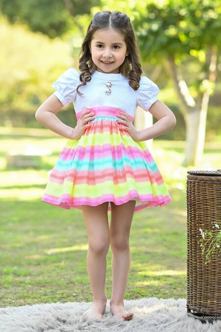 Buy The Pony & Peony Co. Multi Color Cotton, Lycra, Polyester Rainbow Striped Print Dress Online at Aza Fashions Buy_The Pony & Peony Co._Multi Color Cotton, Lycra, Polyester Rainbow Striped Print Dress_Online_at_Aza_Fashions