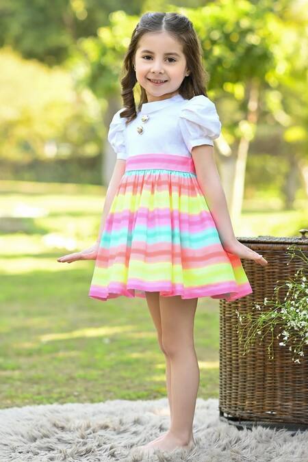 Shop The Pony & Peony Co. Multi Color Cotton, Lycra, Polyester Rainbow Striped Print Dress Online at Aza Fashions Shop_The Pony & Peony Co._Multi Color Cotton, Lycra, Polyester Rainbow Striped Print Dress_Online_at_Aza_Fashions