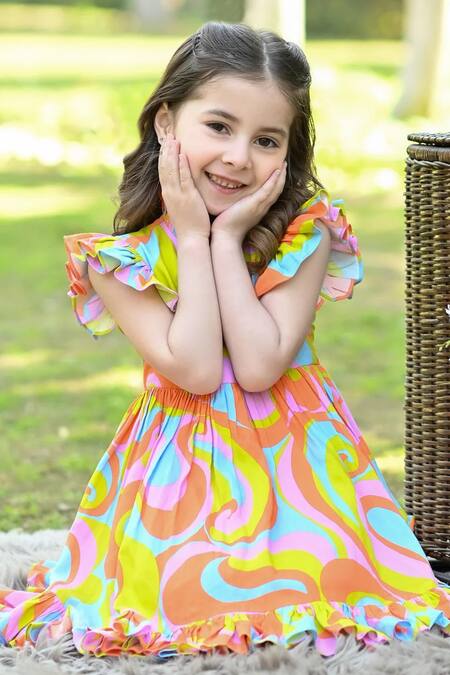 The Pony & Peony Co._Multi Color Rayon, Cotton Ruffles Abstract Print Dress_Online_at_Aza_Fashions