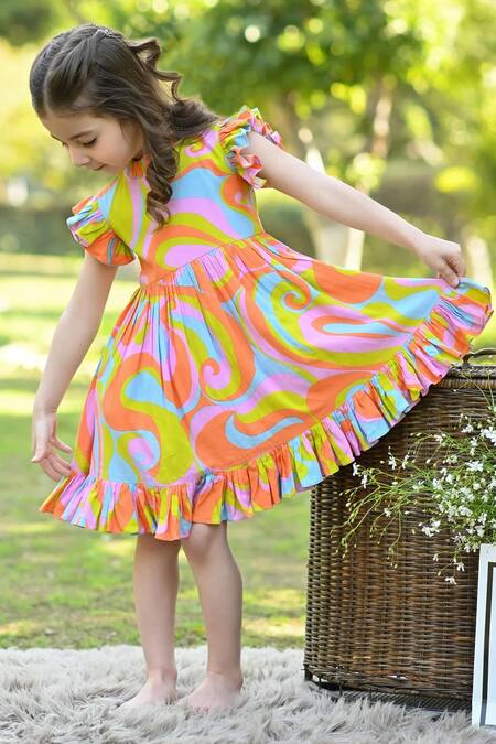 Buy_The Pony & Peony Co._Multi Color Rayon, Cotton Ruffles Abstract Print Dress_Online_at_Aza_Fashions