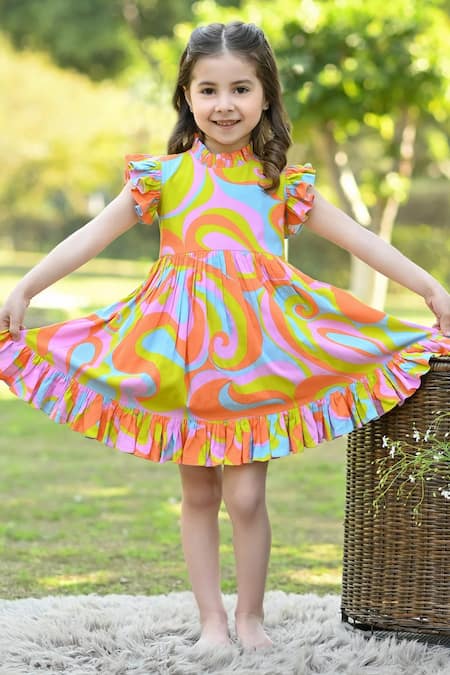Shop_The Pony & Peony Co._Multi Color Rayon, Cotton Ruffles Abstract Print Dress_Online_at_Aza_Fashions