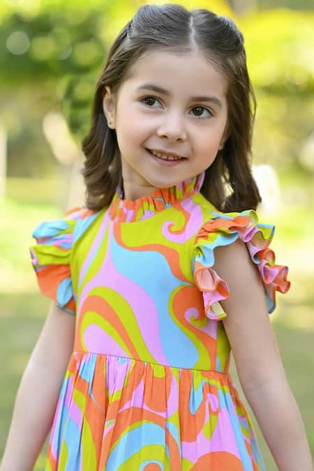 The Pony & Peony Co._Multi Color Rayon, Cotton Ruffles Abstract Print Dress_at_Aza_Fashions