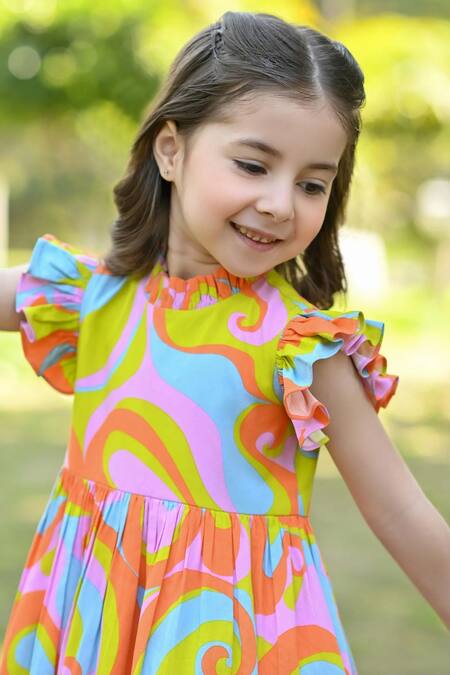 Buy_The Pony & Peony Co._Multi Color Rayon, Cotton Ruffles Abstract Print Dress