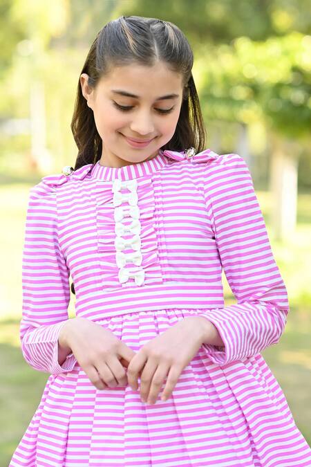 The Pony & Peony Co._Pink Cotton Bows Candy Striped Print Embellished Dress_Online_at_Aza_Fashions