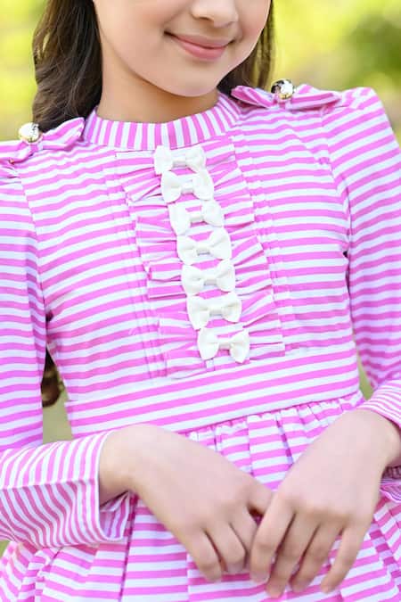 Buy_The Pony & Peony Co._Pink Cotton Bows Candy Striped Print Embellished Dress_Online_at_Aza_Fashions