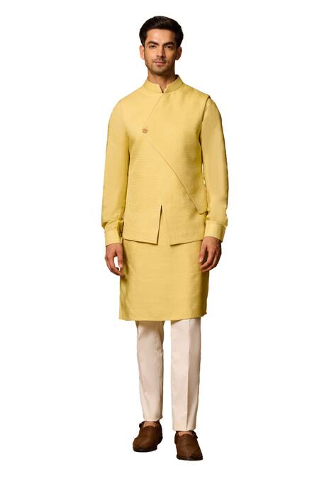Shop_Philocaly_Yellow Silk Asymmetric Bundi Jacket _Online_at_Aza_Fashions