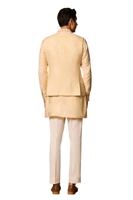 Shop Philocaly Yellow , Satin Beads, Sequins Floral Embroidered Bundi Kurta Set Shop_Philocaly_Yellow , Satin Beads, Sequins Floral Embroidered Bundi Kurta Set