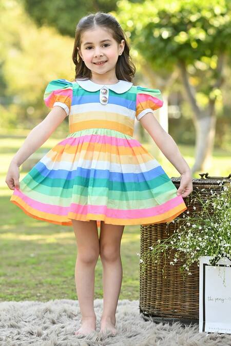 The Pony & Peony Co._Multi Color Cotton Rainbow Print Peter Pan Collar Dress_Online_at_Aza_Fashions