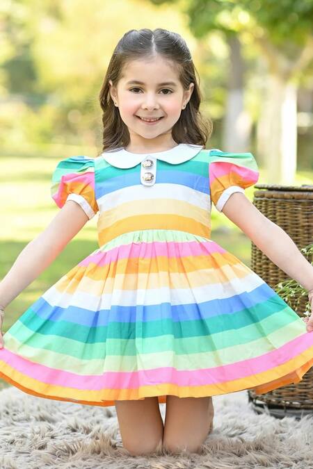 Buy_The Pony & Peony Co._Multi Color Cotton Rainbow Print Peter Pan Collar Dress_Online_at_Aza_Fashions