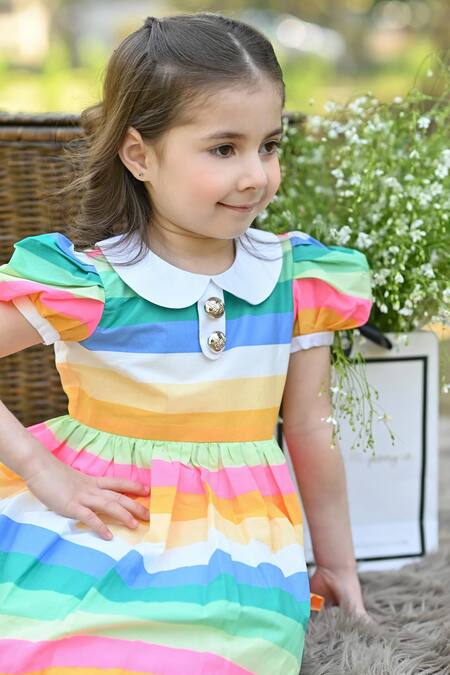 Shop_The Pony & Peony Co._Multi Color Cotton Rainbow Print Peter Pan Collar Dress_Online_at_Aza_Fashions