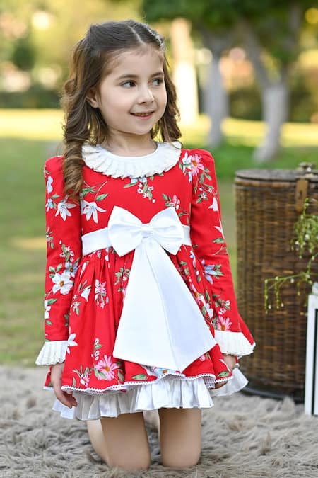 The Pony & Peony Co._Red Rayon, Cotton Bows Riding Hood Flora Print Layered Dress_Online_at_Aza_Fashions