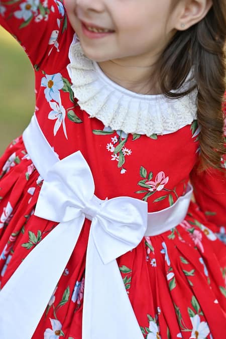 Buy_The Pony & Peony Co._Red Rayon, Cotton Bows Riding Hood Flora Print Layered Dress_Online_at_Aza_Fashions