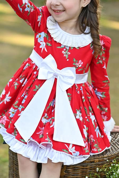 Shop_The Pony & Peony Co._Red Rayon, Cotton Bows Riding Hood Flora Print Layered Dress_Online_at_Aza_Fashions