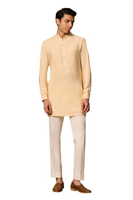 Buy_Philocaly_Yellow Cotton, Silk Panth Short Kurta _Online_at_Aza_Fashions