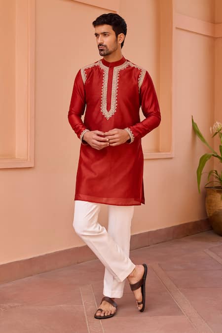 Isha Gupta Tayal Red Kurta Pure Chanderi Silk Embroidered Dori Marodi Work And Pant Set 